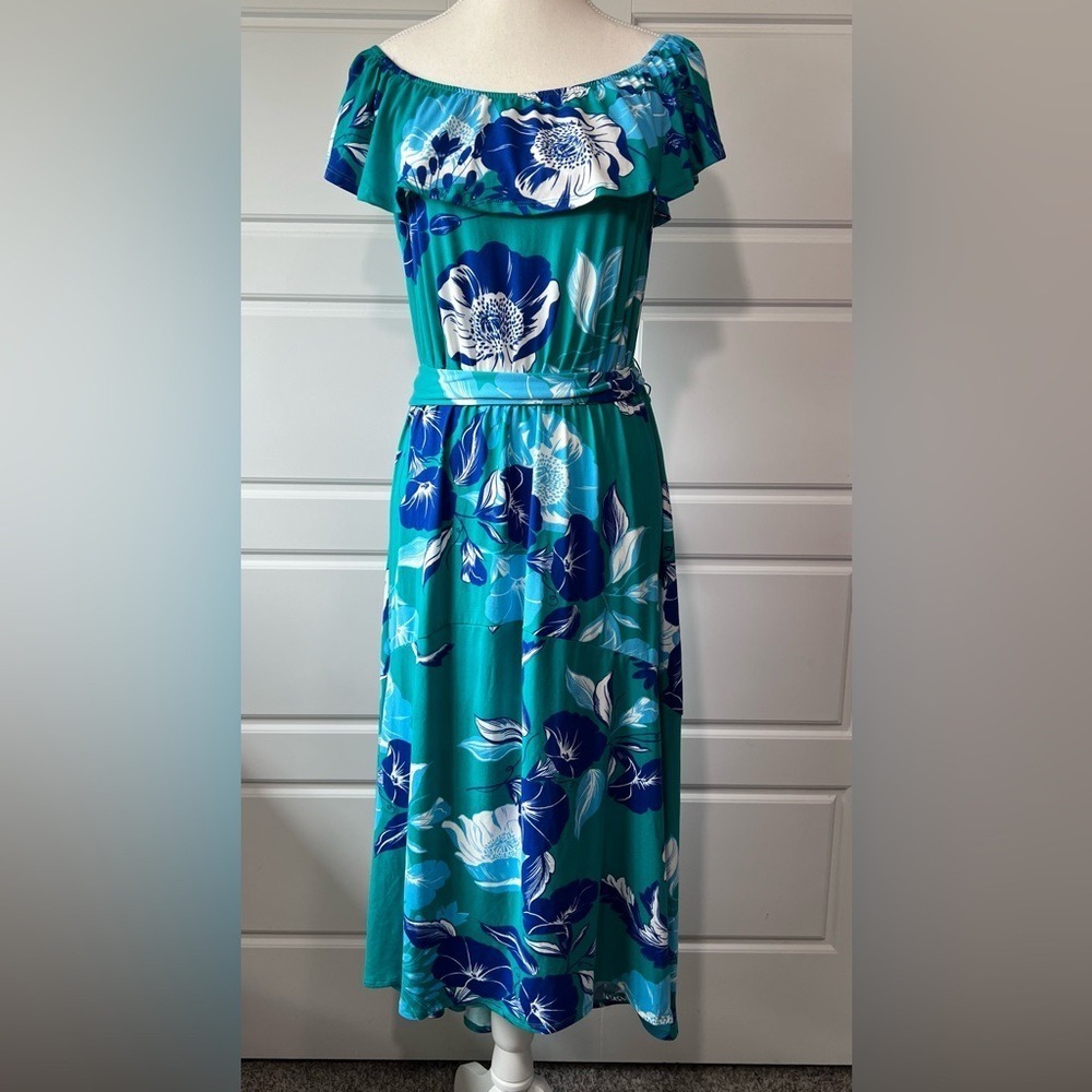 C Wonder‎ Turquoise Blue Floral Off Shoulder Ruffle Maxi Dress Vacation Resort